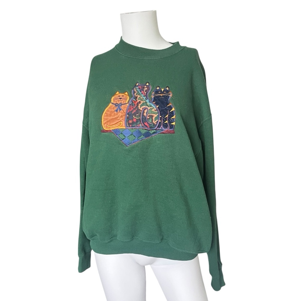 Vintage Green Sweatshirt with Colorful Cat Appliqué - Picture 10 of 10